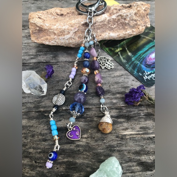 Evil Eye Lepidolite Mixed Crystal Gemstone Beaded Purse Charm / Car Mirror Charm - Picture 9 of 15